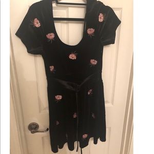 Velvet black pink rose dress NWT